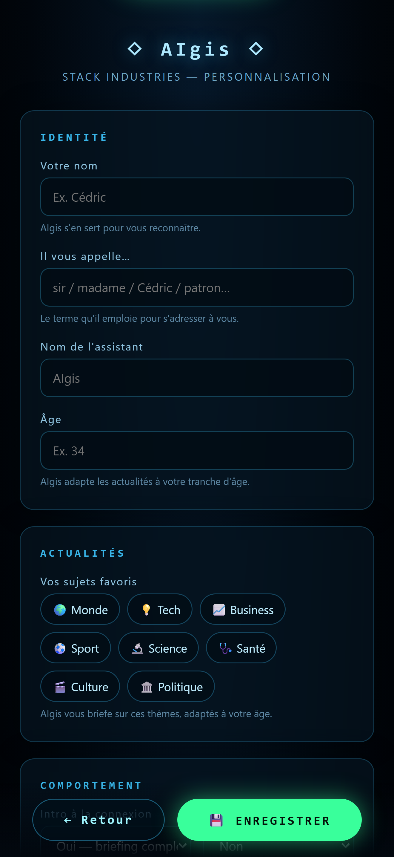 AIgis app — personalization and settings screen